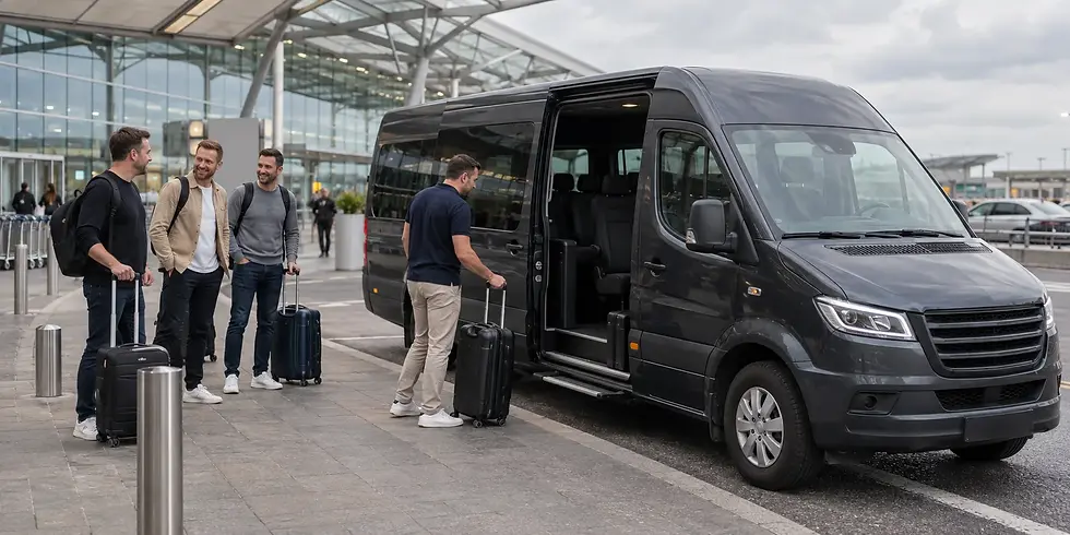 Friends with suitcases beside a passenger minibus outside an airport terminal.