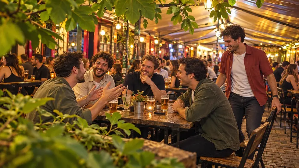 Laughter around a wooden table beneath Füge Udvar's fig tree.