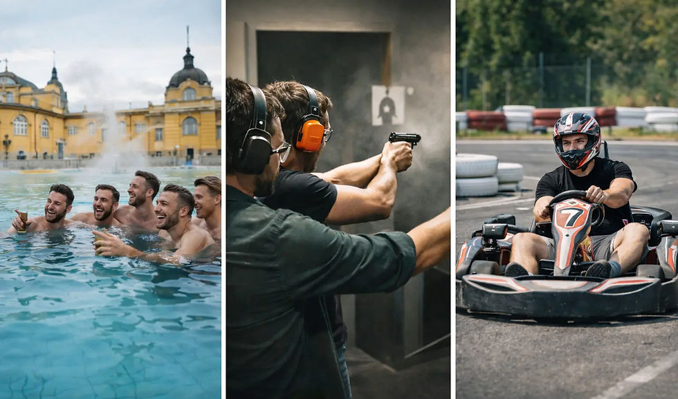 Budapest stag do planning 2026 image showing proven stag activities that work well for groups, including thermal bath relaxation, indoor shooting range experience, and go-kart racing, highlighting reliable daytime programs for a balanced stag weekend.