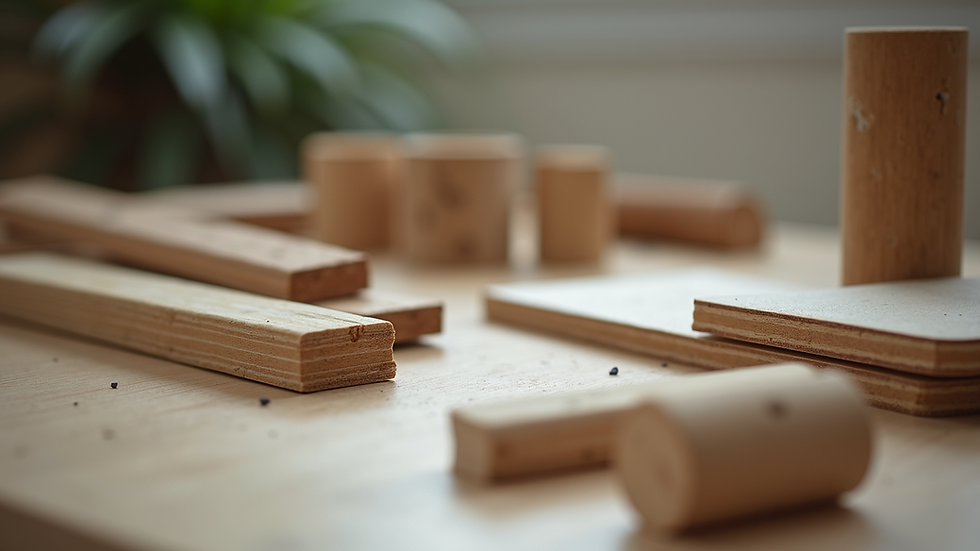 Close-up view of various building materials arranged on a table