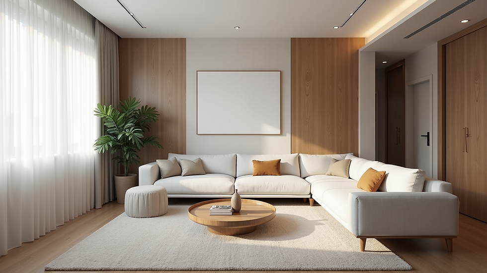 Wide angle view of a modern living room with minimalist decor