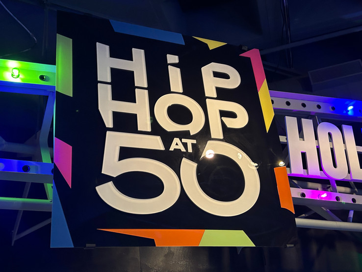 Large sign for Hip Hop at 50 exhibit at the Rock & Roll Hall of Fame