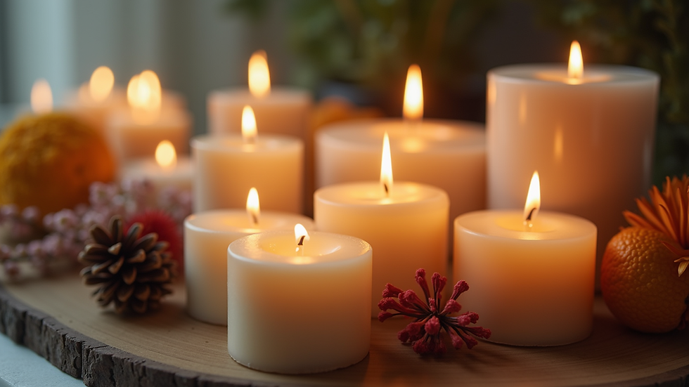 Close-up view of a beautifully arranged organic candle display