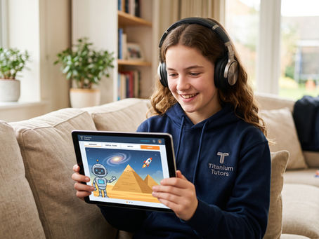 A young student smiling and engaged with educational screen time on a tablet.