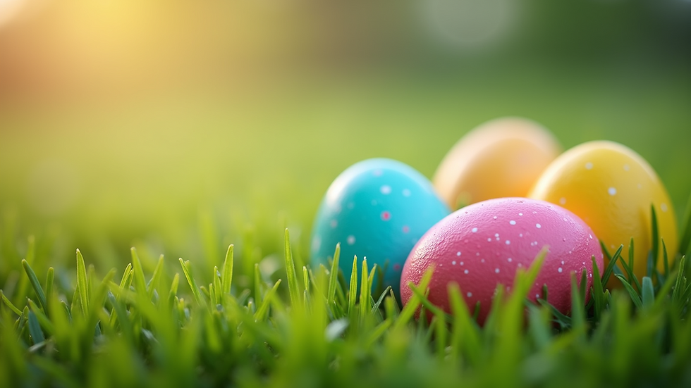 Close-up of colorful Easter eggs nestled among green grass