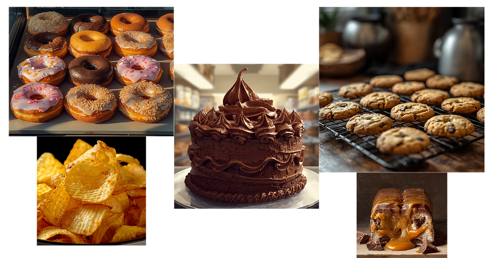 An assortment of cake, cookies, chips, doughnuts, candy bar