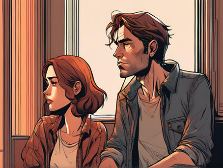 A man and woman sit in a warmly lit room by a window, looking serious. Both wear casual shirts, with a focus on their contemplative expressions.