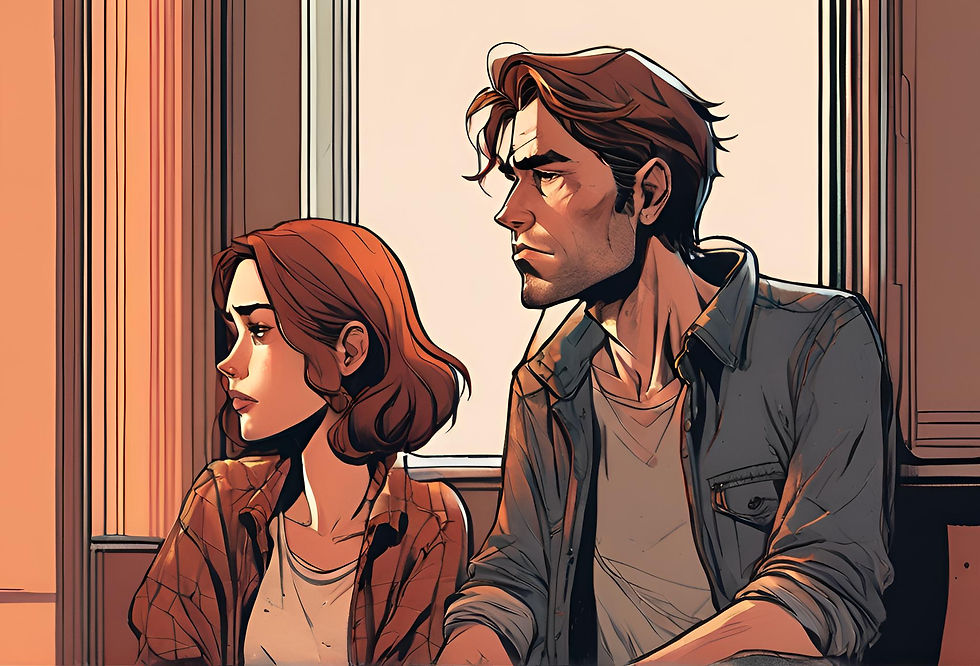 A man and woman sit in a warmly lit room by a window, looking serious. Both wear casual shirts, with a focus on their contemplative expressions.