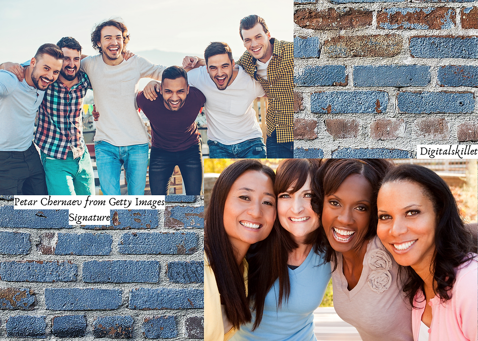 Group of four smiling men and four smiling women outdoors, hugging. Background shows rustic blue brick wall. Bright and cheerful mood.