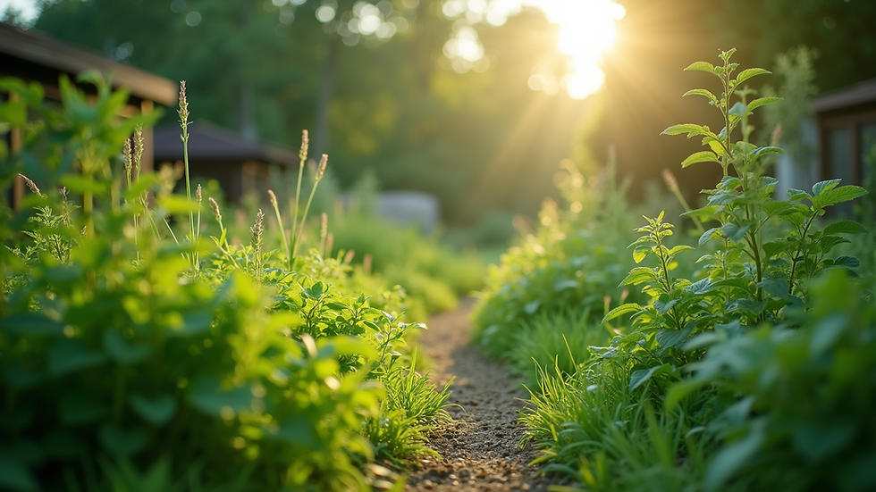 Eye-level view of a lush green garden with diverse plants
