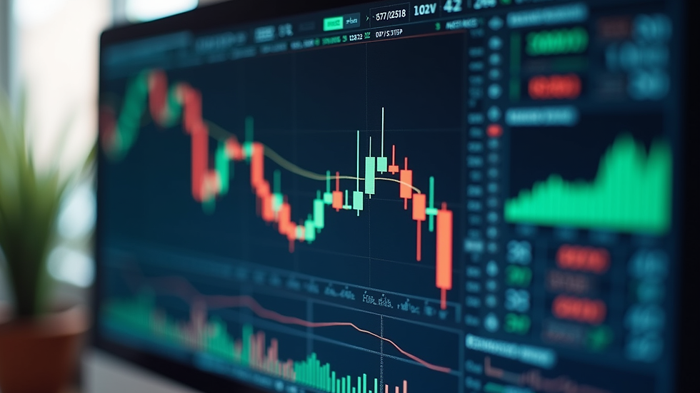 Eye-level view of a computer screen displaying stock charts and technical indicators