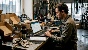 Un mécanicien vélo consulte son ordinateur portable en plein atelier.