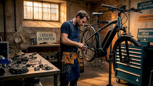 Un technicien en atelier procède à l’entretien d’un vélo à assistance électrique.