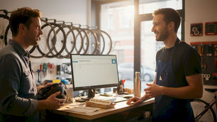 Un spécialiste du vélo conseille un client au comptoir de l’atelier.