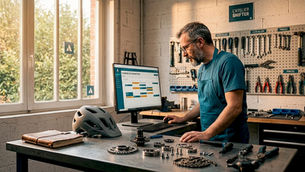 Un technicien travaille sur son poste à l’atelier tout en consultant le CRM pour suivre l’avancement de ses interventions.