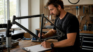 Un technicien examine minutieusement le cadre du vélo afin d’établir un devis.