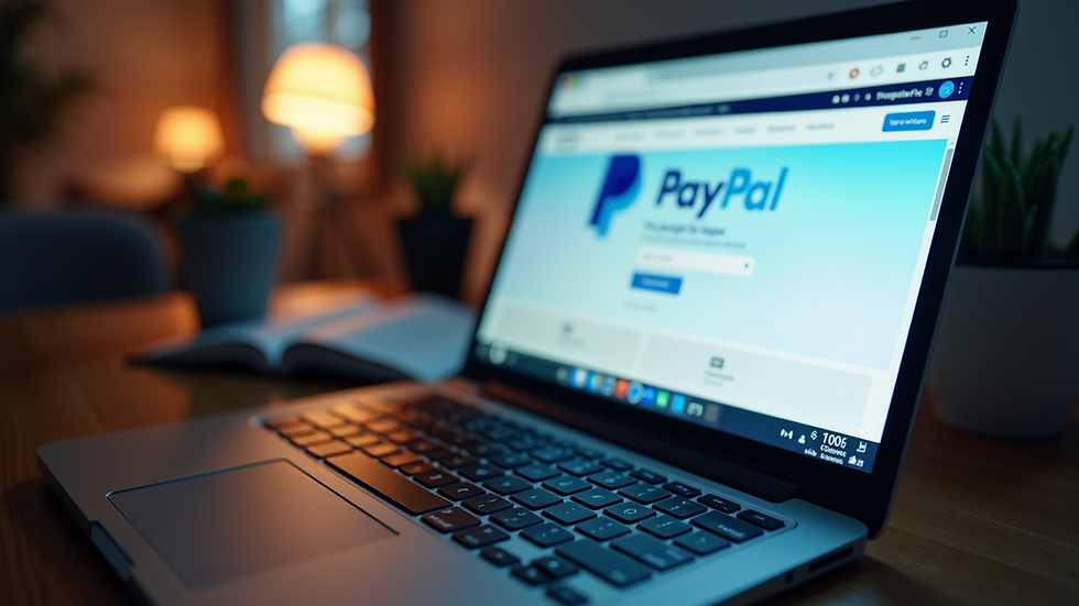 Close-up view of a laptop keyboard with PayPal website open