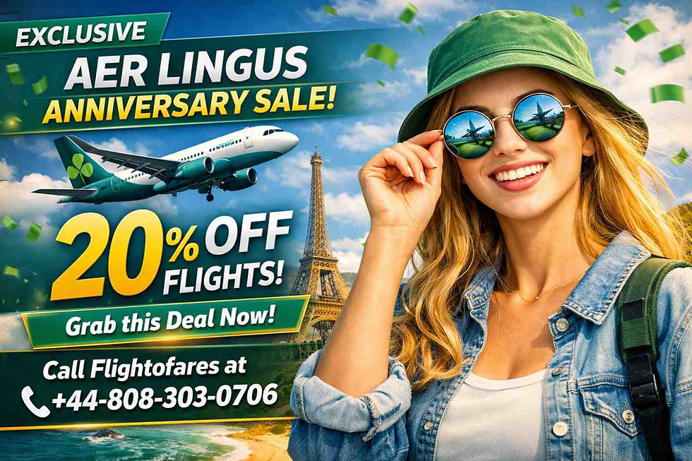 Smiling woman in green hat and sunglasses with Aer Lingus sale ad, airplane, Eiffel Tower, 20% off flights and phone number.
