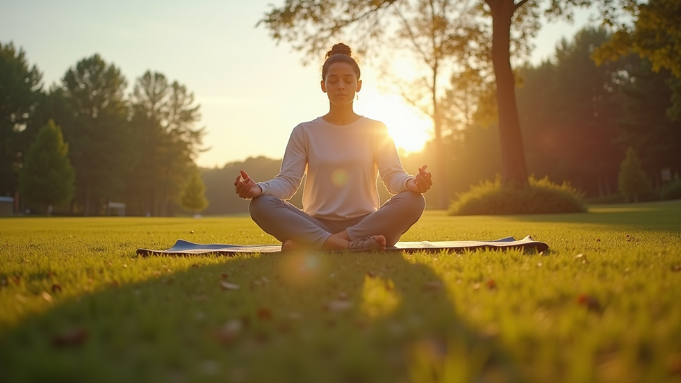 Eye-level view of a person practicing yoga in a serene outdoor setting