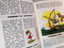 Détail de "Livres d'artiste", ensemble de reproductions de livres manuscrites, encre et acrylique sur papier, 2019-en cours. (sur cette photo, reproduction manuscrite de " Le Manuel des Castors Juniors", 1970, Walt Disney Productions, éditions Hachette). Marie Havel
