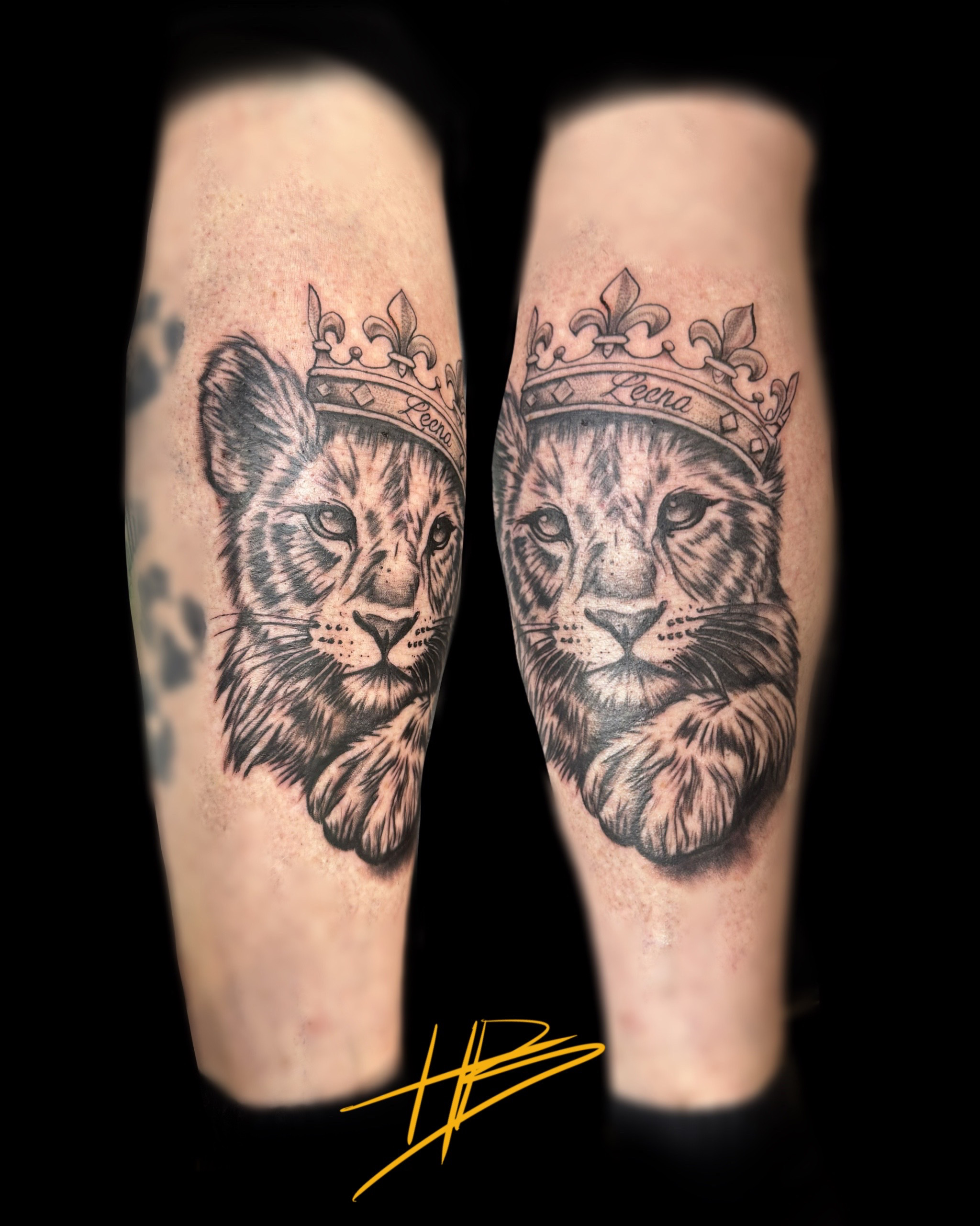 Two-view black-and-grey lion cub portrait wearing a fleur-de-lis crown inscribed Leena