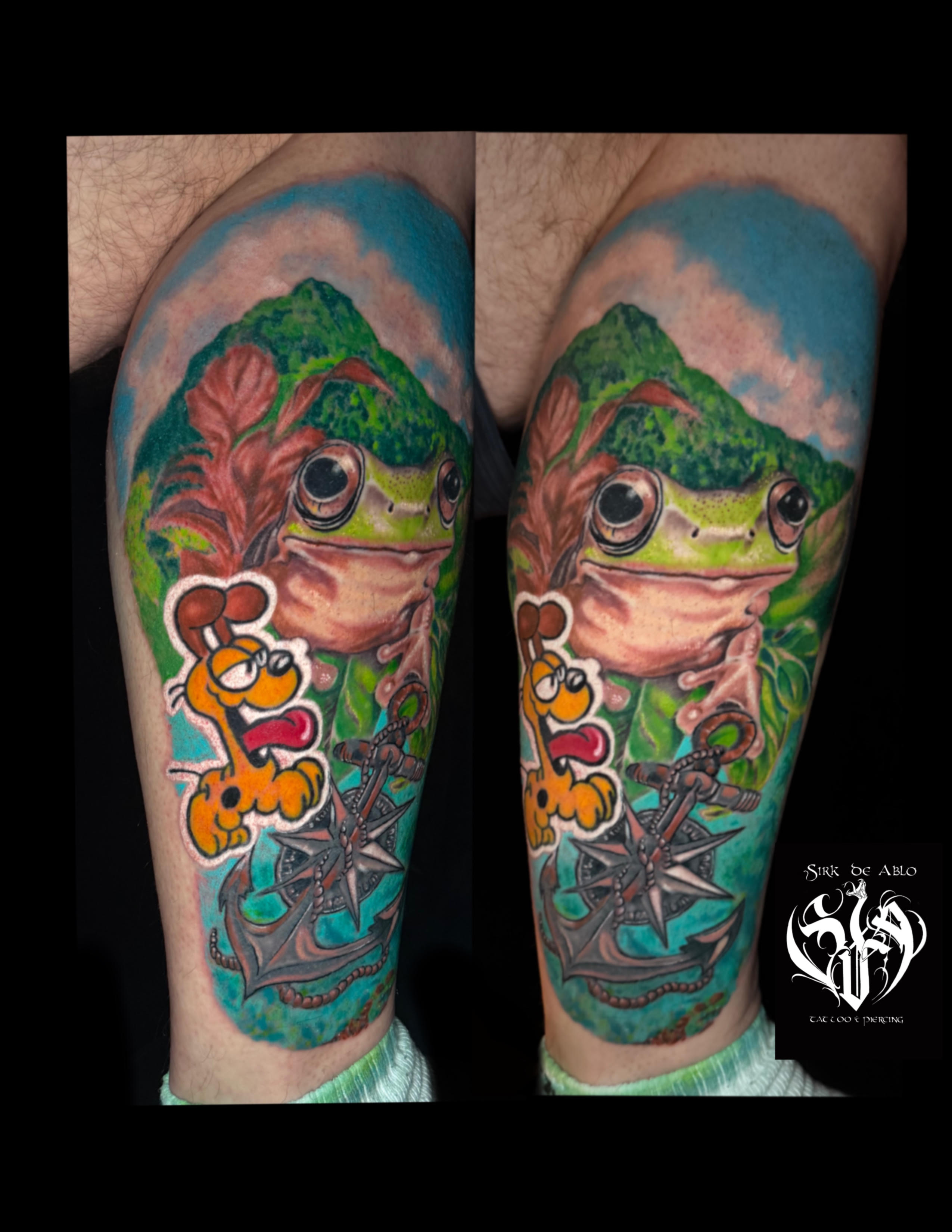 Two-view colourful leg tattoo combining a large-eyed frog, cartoon dog, and nautical anchor