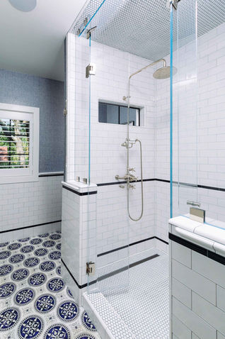 Subway tile white and black walk in shower