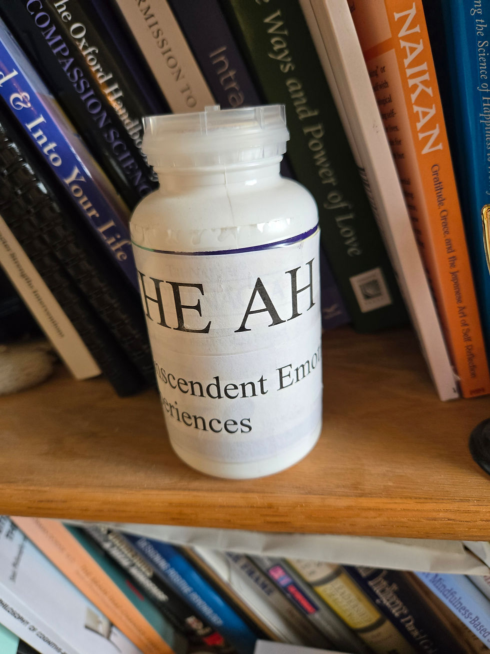 I have this pill bottle. I wrote THE AH and underneath it says transcendent emotions and experiences. I keep it on my bookshelf to remind myself that it's good medicine - using AWE to get into The AH. It doesn't just feel good. It's gets my head on straight.