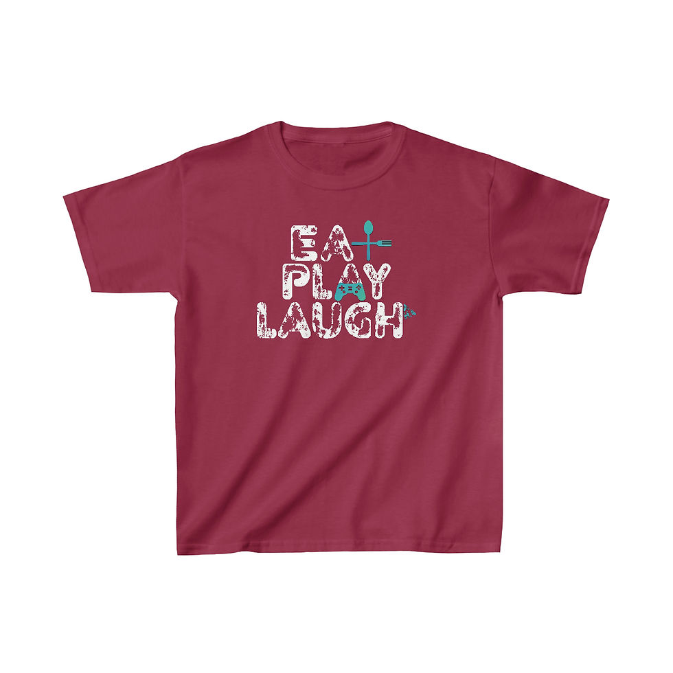 Thumbnail: "Eat, Play, Laugh" White Text Kids Heavy Cotton™ Tee