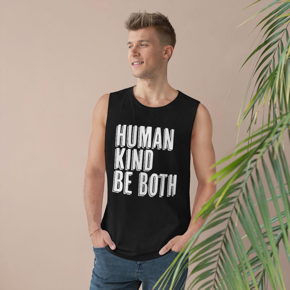 Human, Kind, Be Both (White Text) Unisex Barnard Tank