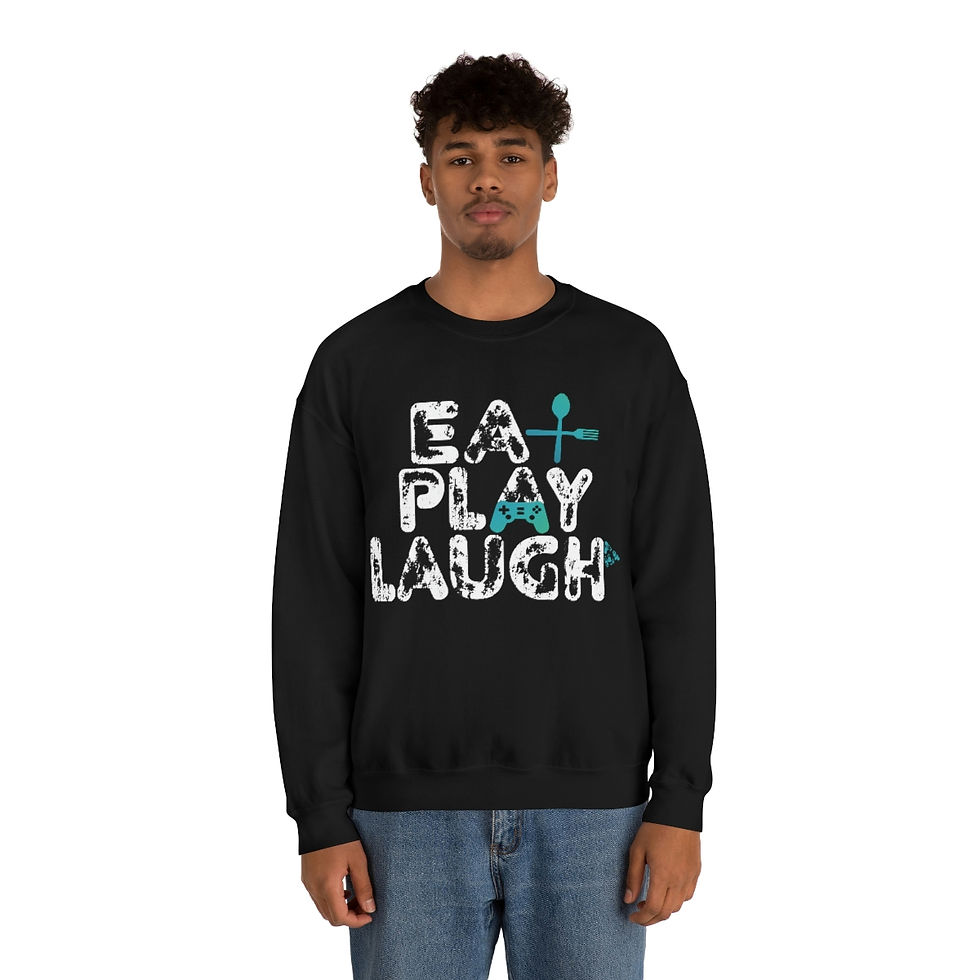 Thumbnail: "Eat, Play, Laugh" White Text Unisex Heavy Blend™ Crewneck Sweatshirt
