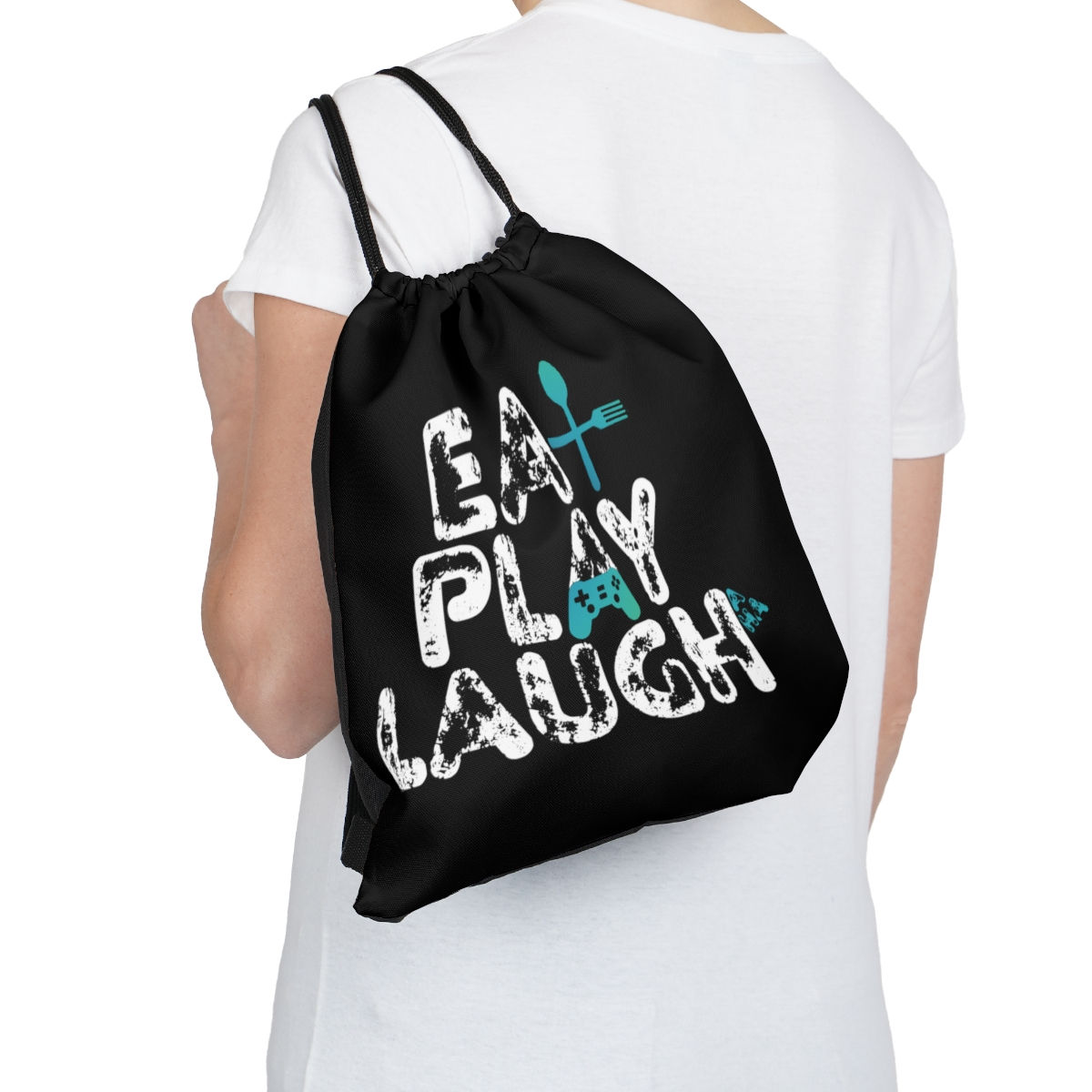 Eat, Play, Laugh Outdoor Drawstring Bag