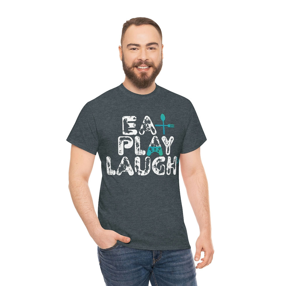 Thumbnail: "Eat, Play, Laugh" White Text Unisex Heavy Cotton Tee