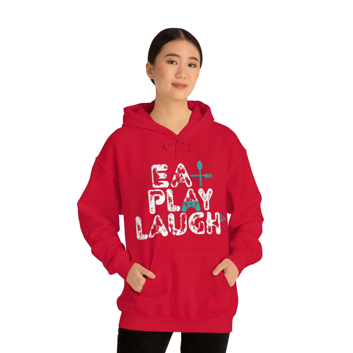 "Eat, Play, Laugh" White Text Unisex Heavy Blend™ Hooded Sweatshirt