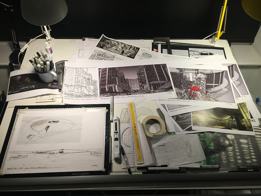 My analogue drawing set-up on No Time to Die.JPG