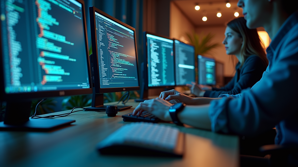 Eye-level view of a modern software development workspace filled with coding essentials