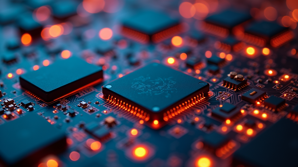 Close-up view of a digital circuit board illuminated with glowing patterns