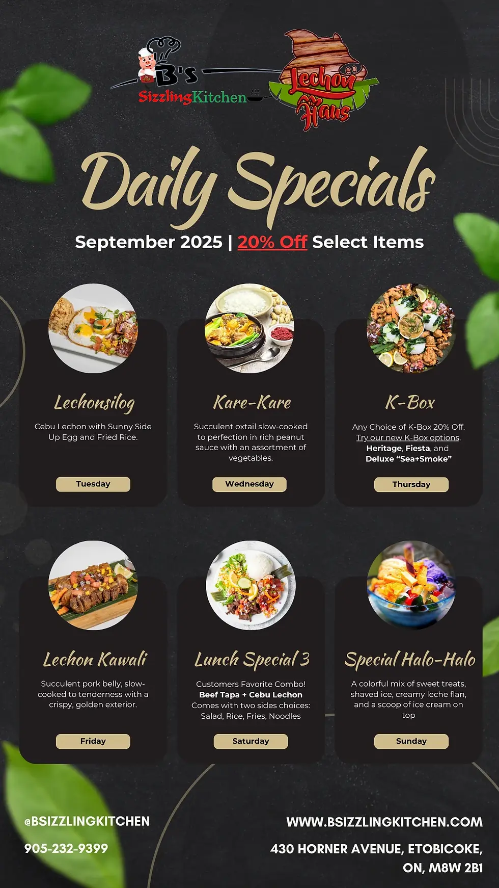 B's Sizzling Kitchen daily specials for September 2025. Includes dishes like Lechonsilog, Kare-Kare, K-Box, and more. 20% off select items.