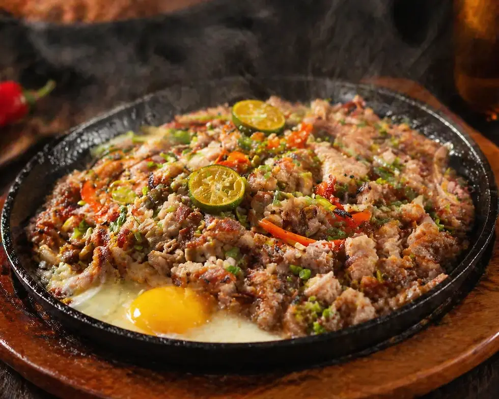 Sizzling pork sisig on a hot iron plate with a raw egg and sliced lime. Garnished with chopped vegetables, steam rising, in a rustic setting.