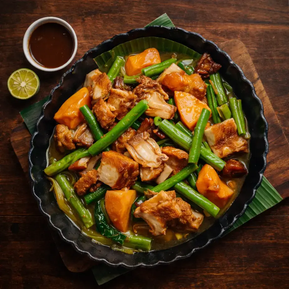 A colorful dish of crispy pork, green beans, and orange chunks in a black bowl on a wooden table, with a small sauce cup and lime.