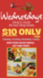 Red ad for B's Kitchen features $10 silog deals. Plates of food shown: tapsilog, tocilog. Offer: buy 4, get 1 free. Mood: tempting.
