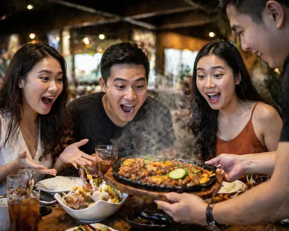 Four people excitedly react to a steaming platter of food in a restaurant. Wooden interior, vivid expressions of delight, no visible text.