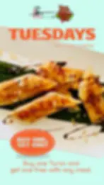 Golden turon pieces drizzled with syrup on a banana leaf. "Tuesdays Two for Turon" promo with "Buy one, get one free" in bold text.