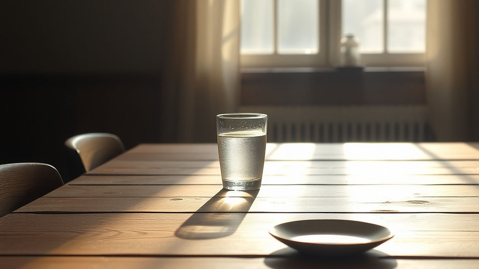 Sunlit wooden table with a glass of water casting a long shadow. Soft natural light from a window creates a serene, minimalist atmosphere.