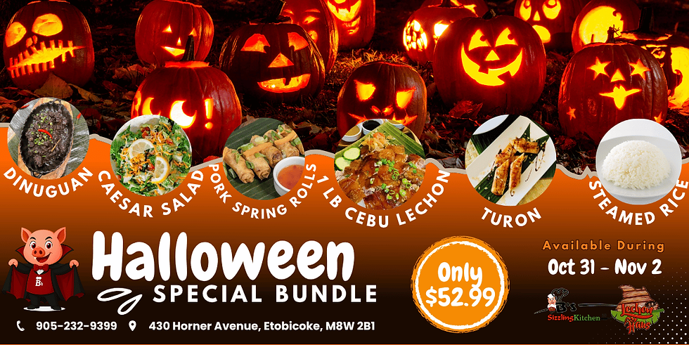 Jack-o'-lanterns with spooky faces surround images of a Halloween food bundle. Text: Halloween Special Bundle, Only $52.99, Oct 31-Nov 2.