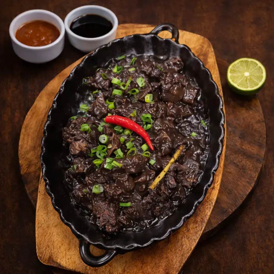 Dark stew in a black dish garnished with a red chili and green onions. Two sauce bowls and a halved lime on a wooden board.