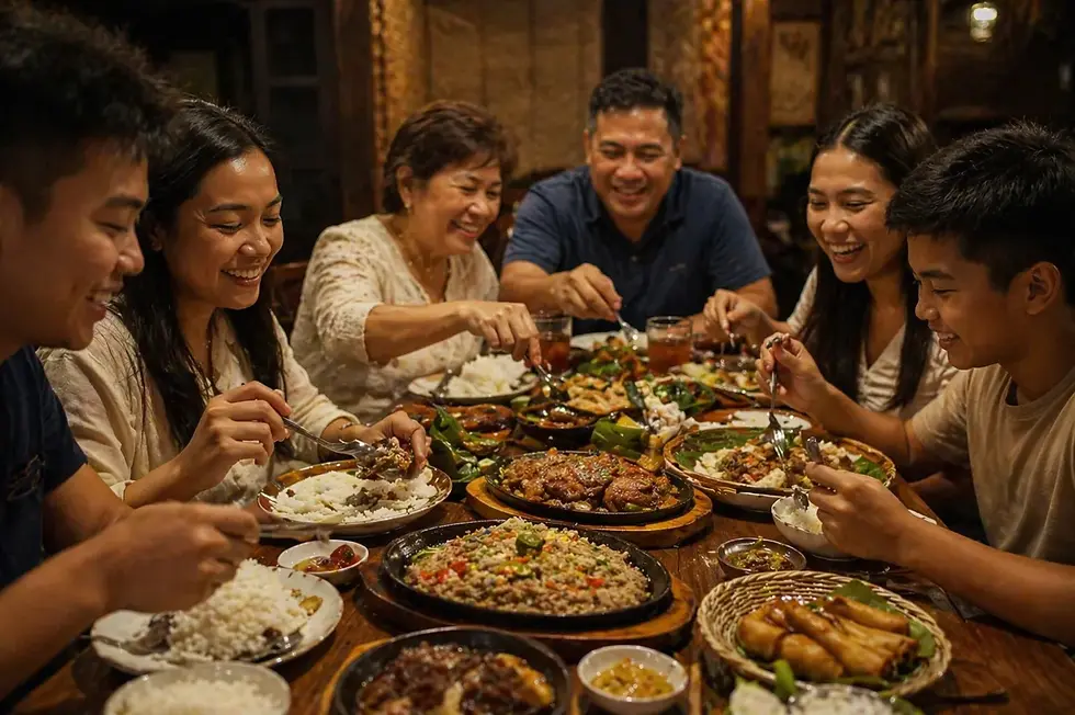 A family enjoys a meal together at a table filled with diverse dishes. They are smiling and focused on eating in a warm, cozy setting.