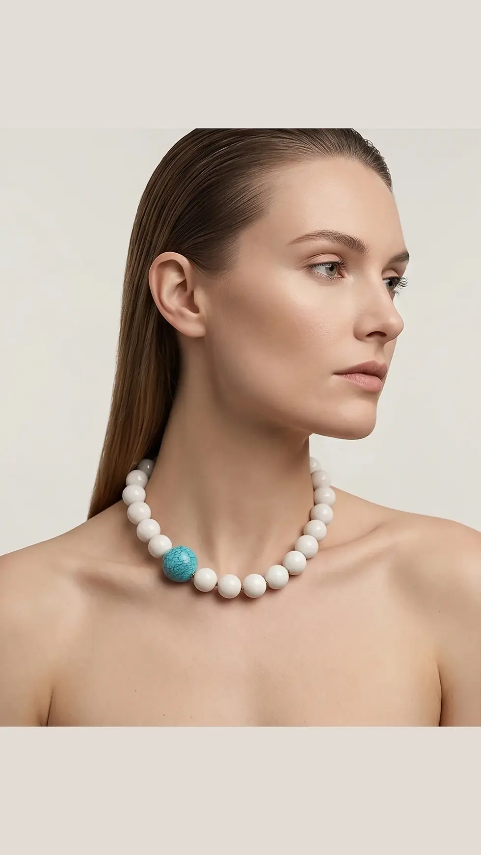 Thumbnail: Collier artisanal perles blanches et perle turquoise - Maison Fitzgerald