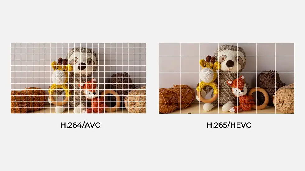 Comparison of H.264 and H.265 block sizes shown on the same image, illustrating larger macroblocks in H.265/HEVC.