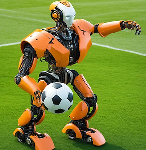one continuous tracks robot in orange color on real green football field playing with a bi